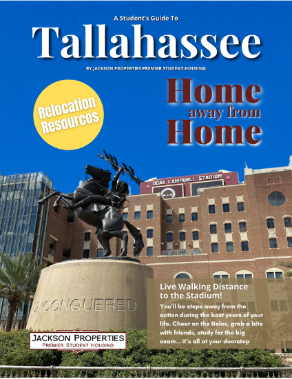 Cover of Jackson Properties Student Relocation Guide Magazine, featuring Unconquered Statue at Florida State University