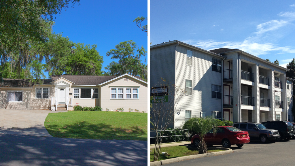 Photo collage of 2 photos. On the left a house shaded by a tree on the left and a long driveway. The house is cream with a gray roof. The sky is blue. On the right, a photo of the exterior of University Center Apartments in Tallahassee, Florida. There are three cars parked in front. The sky is cloudy and blue.