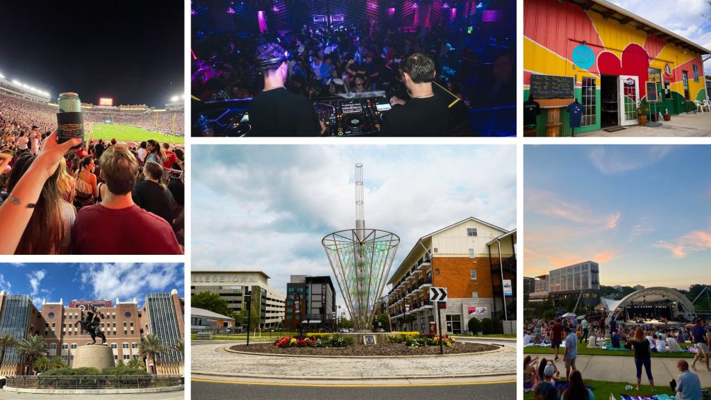 Photo collage displaying FSU's football stadium, Bajas nightclub, Railroad Square, Collegetown and Cascades park